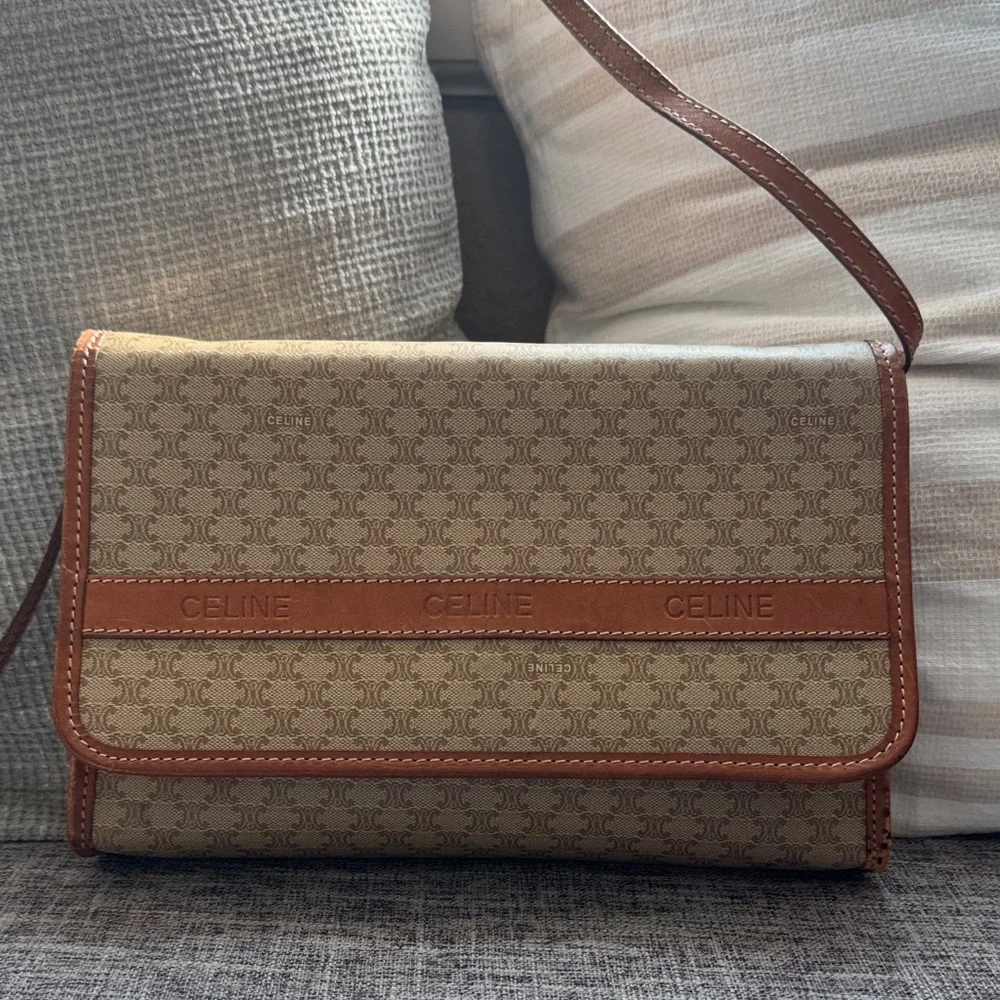 Celine Tan and Brown Patterned Crossbody Bag - Picture 2 of 16
